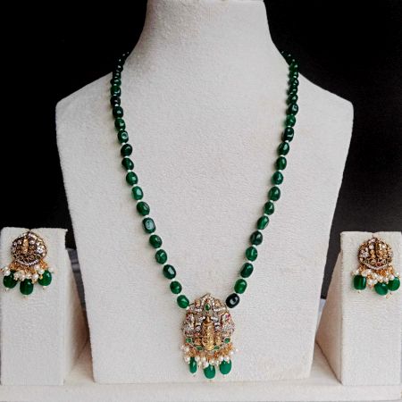 Handmade Brass Metal Jewellery Green Bead Pendant Set